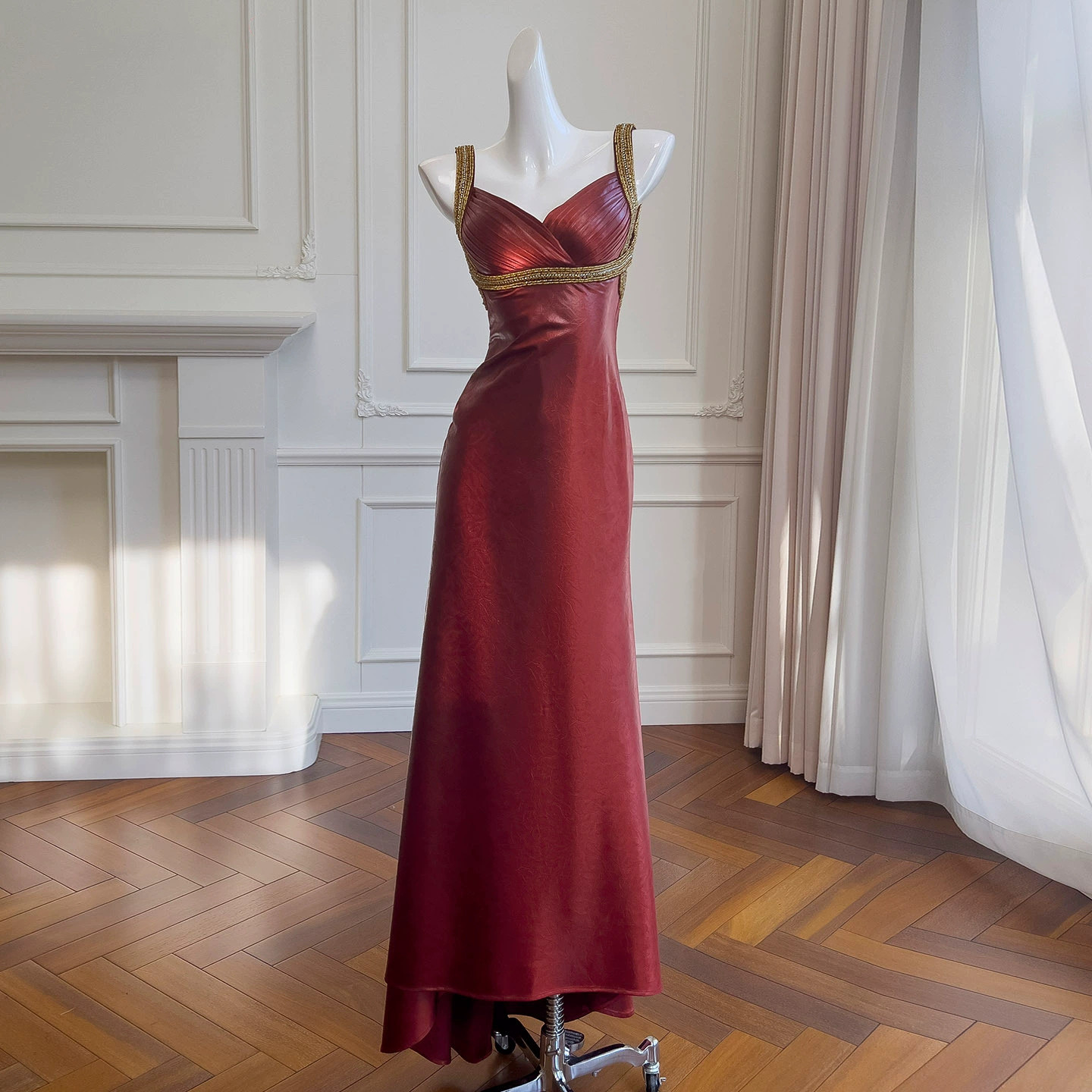 ヴィンテージ 赤 パール エレガント スリム ウェディングドレス パーティー 上品 ロング 韓国風 二次会 69525