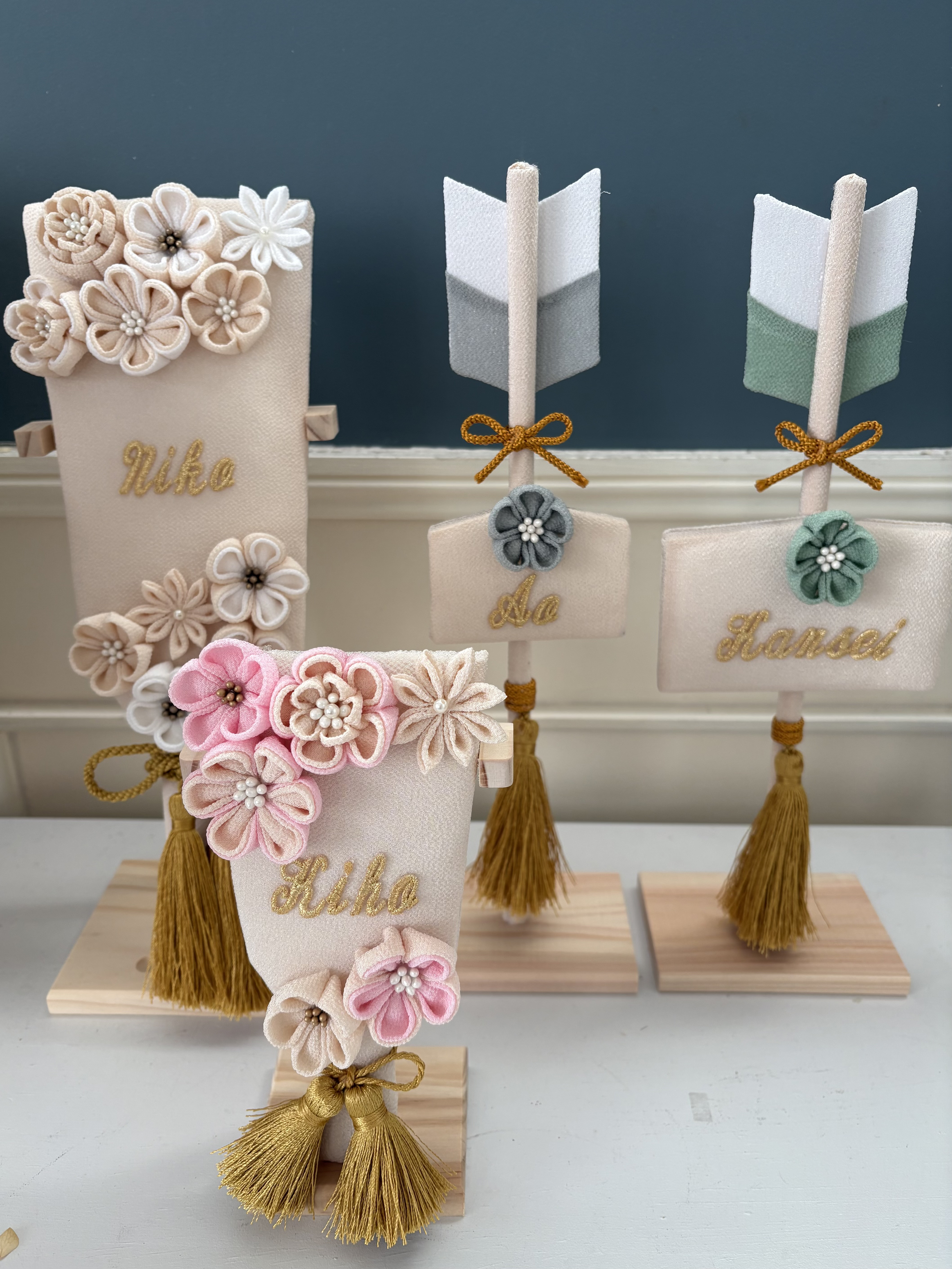 《受注製作》破魔矢飾り/ちりめん細工/男の子/誕生祝い/出産祝い/お正月/初節句/七五三/名入れ/グレー/グリーン