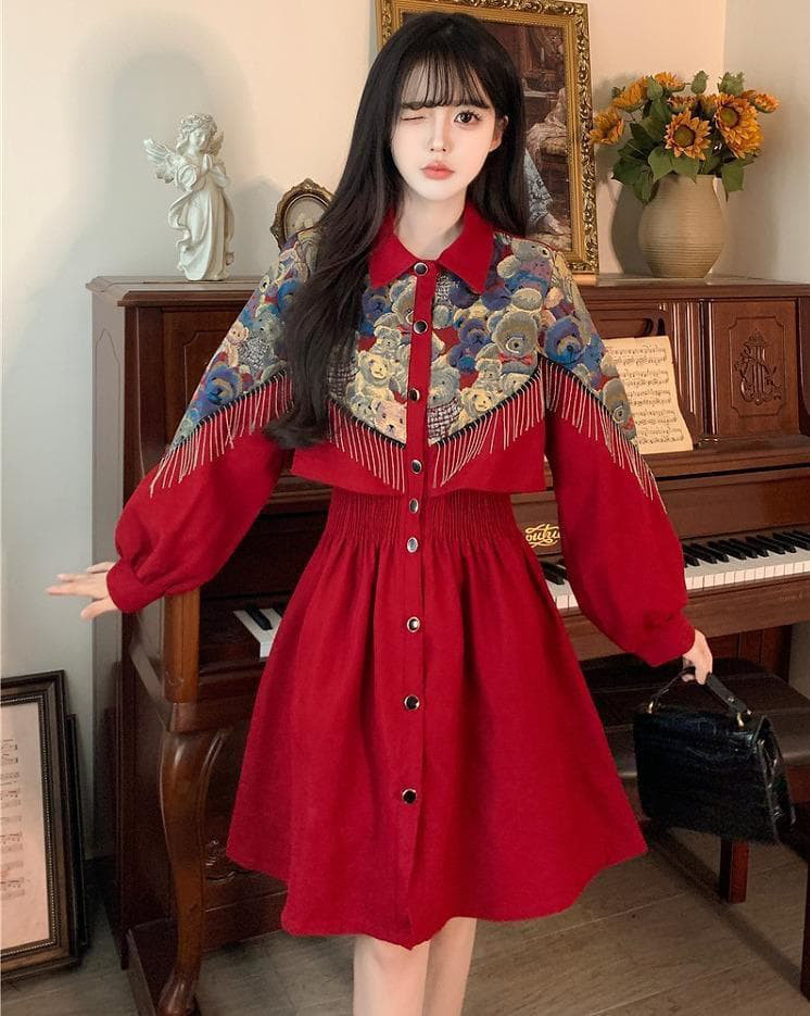 新品大きいサイズ 3Lタッセル付き異素材ミックス セットアップ風ワンピース秋冬6