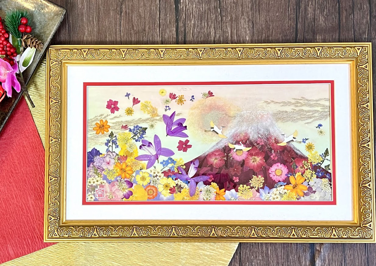 縁起の良い幸運の赤富士風水額　押し花アート　細長タイプ17
