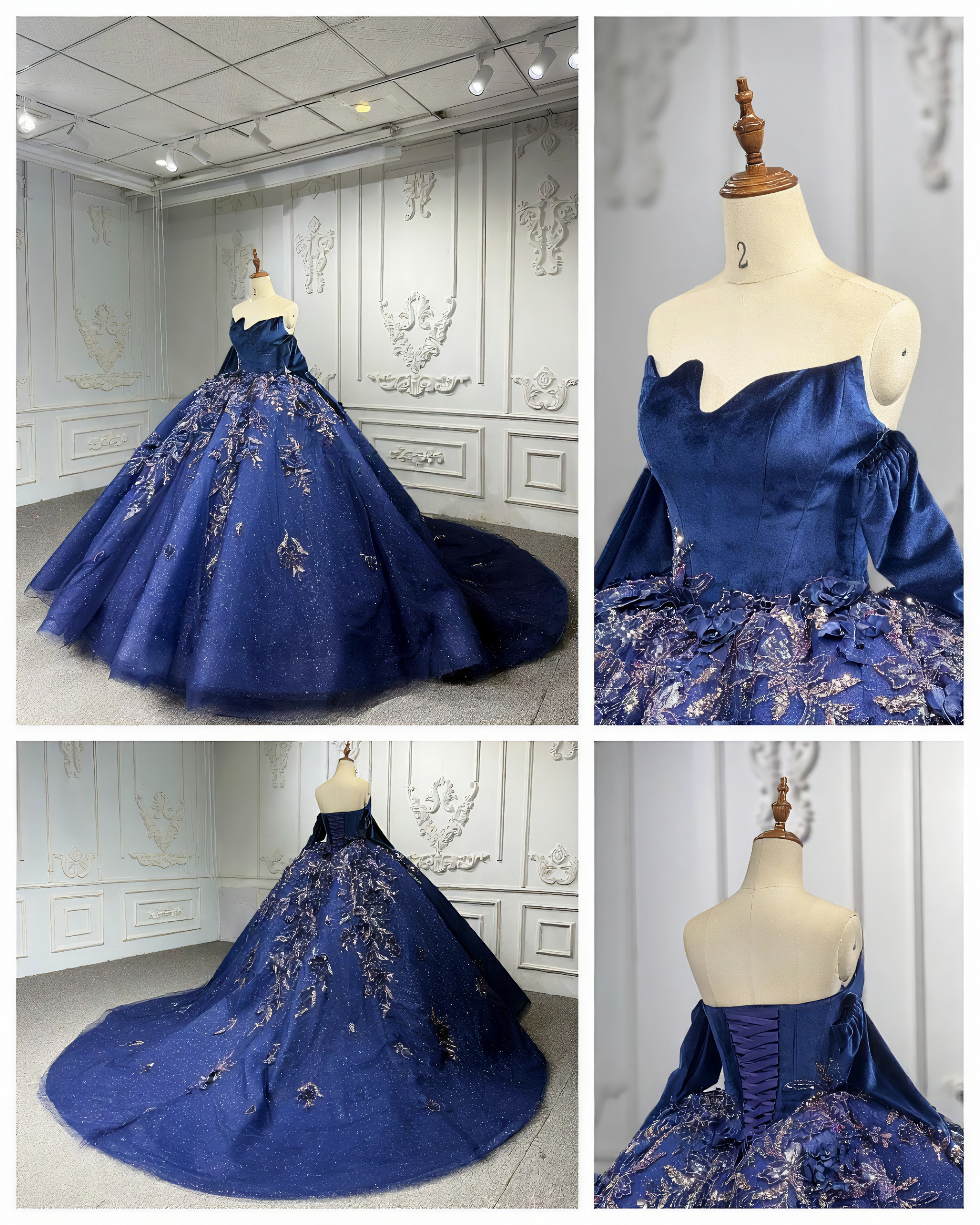 ネイビー色ブルー　アシメドレス非対称　オフショルダー取り外し可能付けお袖　刺繍つき　Princessお姫様　コンテスト