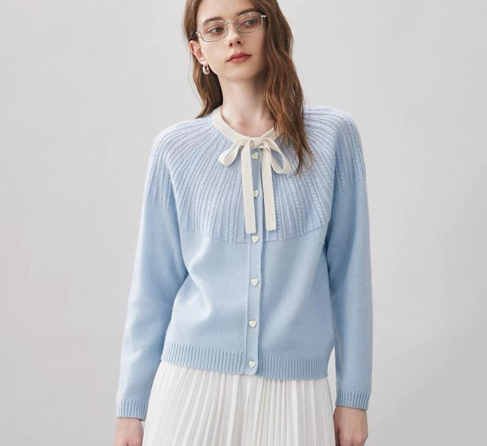 ２色 配色リボンがアクセント ウール100%のセーター/カーディガン【冬春秋】グレー・ブルー