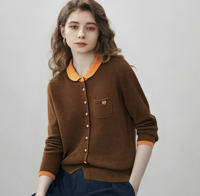 3色 配色襟がアクセント ウール100%のセーター/カーディガン【冬春秋】ネイビー・グレー・キャメル