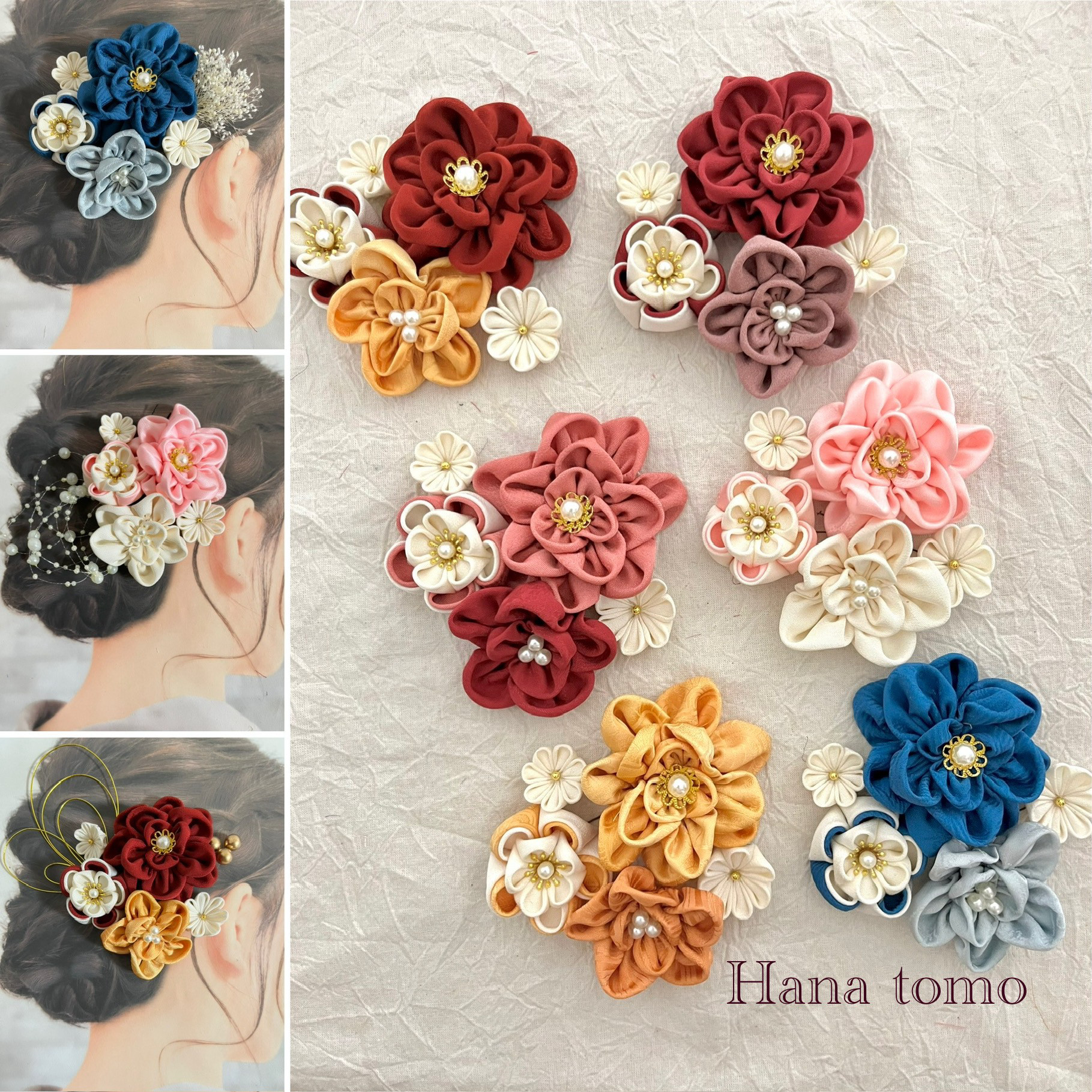 【受注製作】140和装髪飾り　赤　ピンク　オレンジ　アイボリー　青　つまみ細工　結婚式　成人式　卒業式　七五三　訪問着