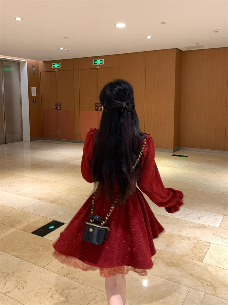 新品 大きいサイズ赤 フリル ツイード ワンピース長袖ミニ丈韓国秋冬レディースf