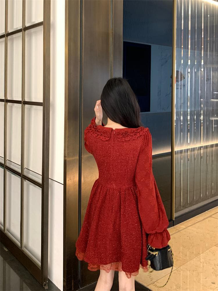 新品 大きいサイズ赤 フリル ツイード ワンピース長袖ミニ丈韓国秋冬レディースf