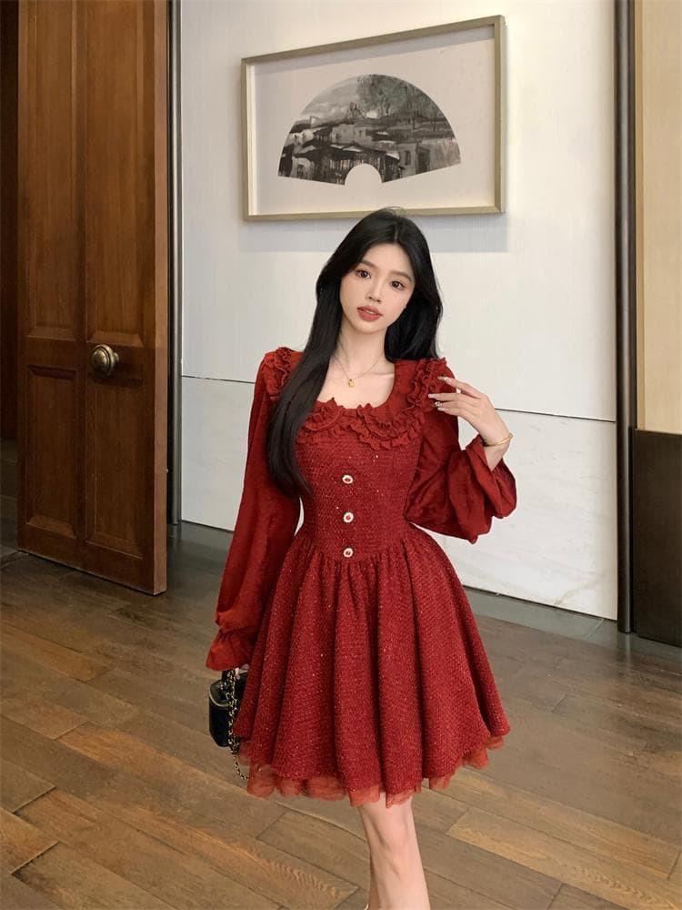 新品 大きいサイズ赤 フリル ツイード ワンピース長袖ミニ丈韓国秋冬レディースf