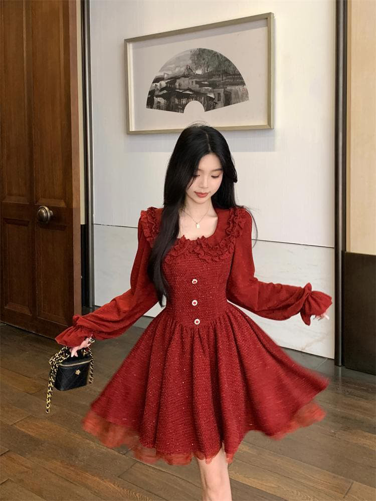 新品 大きいサイズ赤 フリル ツイード ワンピース長袖ミニ丈韓国秋冬レディースf