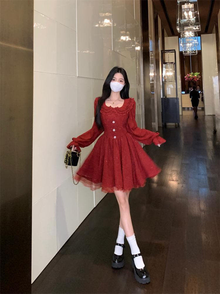 新品 大きいサイズ赤 フリル ツイード ワンピース長袖ミニ丈韓国秋冬レディースf