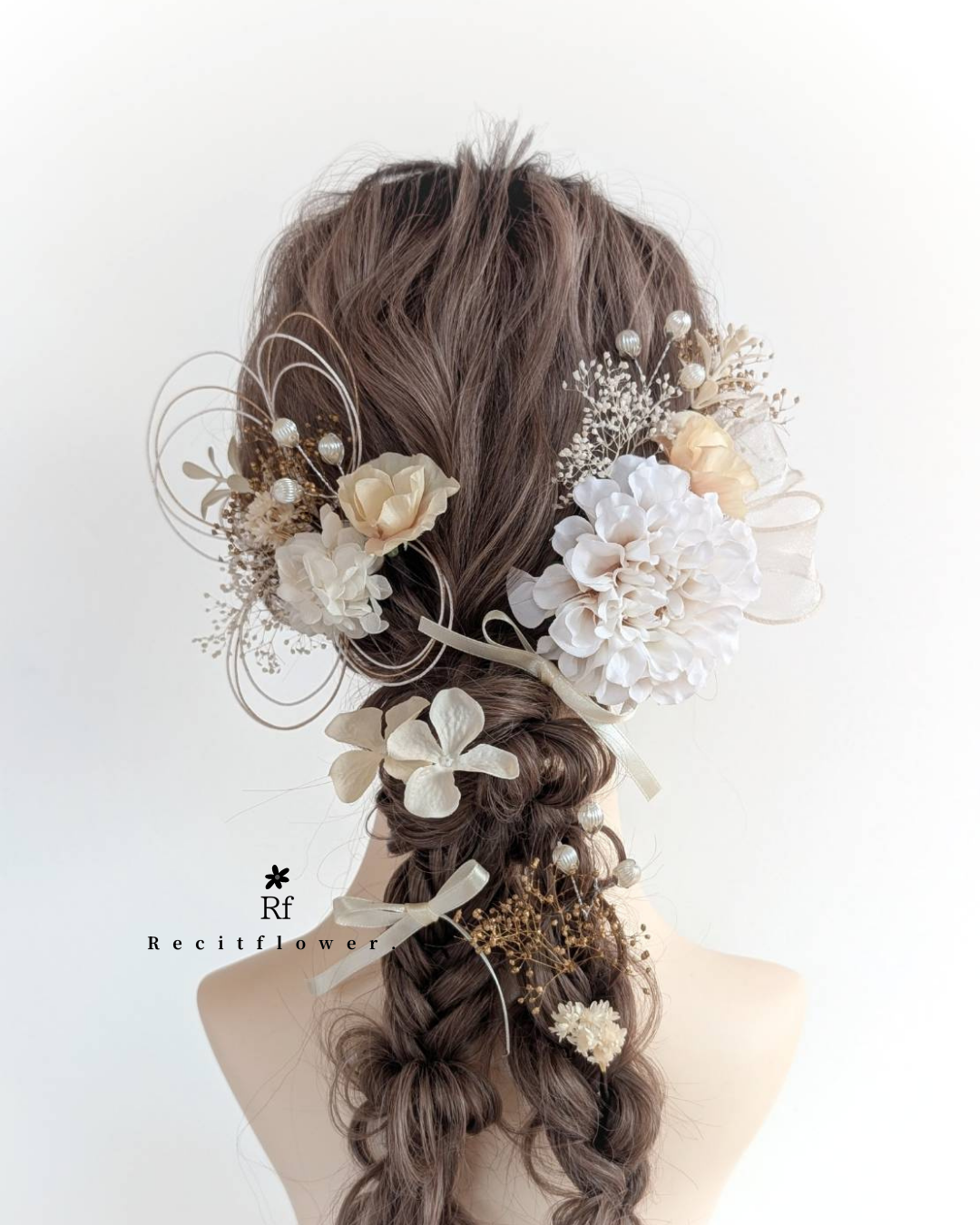白いダリアが上品な髪飾り 成人式 卒業式 結婚式 七五三 白 ゴールド リボン 髪飾り RC267