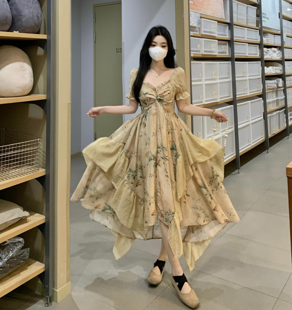 【新品】花柄フレアロングワンピース 大きいサイズ レディース春夏半袖4L アシメ