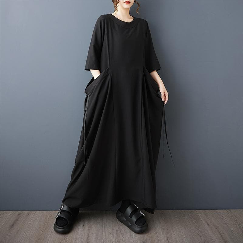 新品 大きいサイズ ゆったり 秋冬ロングワンピース 黒 無地 七分袖長袖