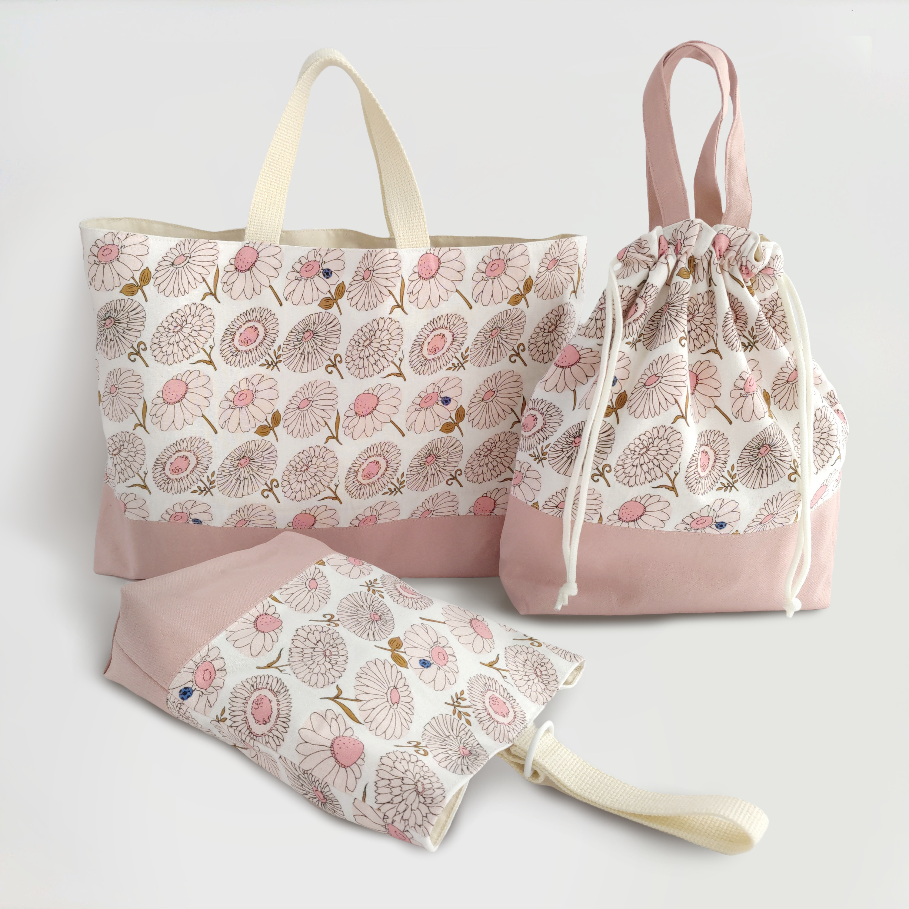 入園入学3点セット デイジー柄 ピンク｜レッスンバッグ・お着替え袋・シューズ入れ（完成品）