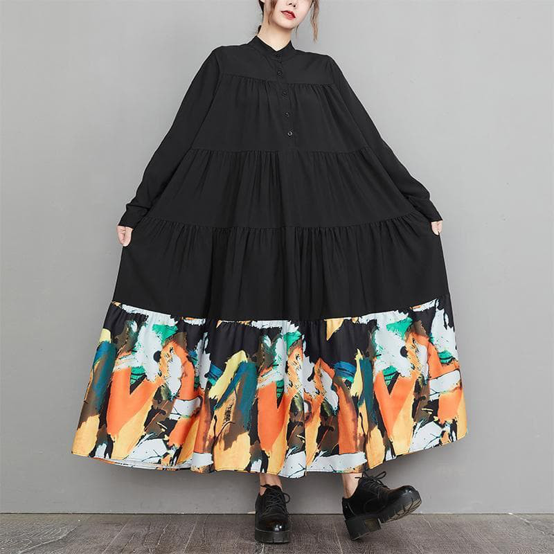 【新品】大きいサイズ秋冬ティアード マキシ丈ワンピースゆったり長袖XL