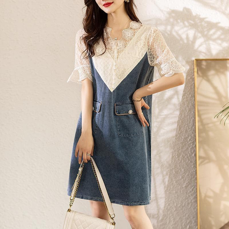 【新品】大きいサイズ夏服ゆったり半袖 レース切替デニムワンピース4Lラージ