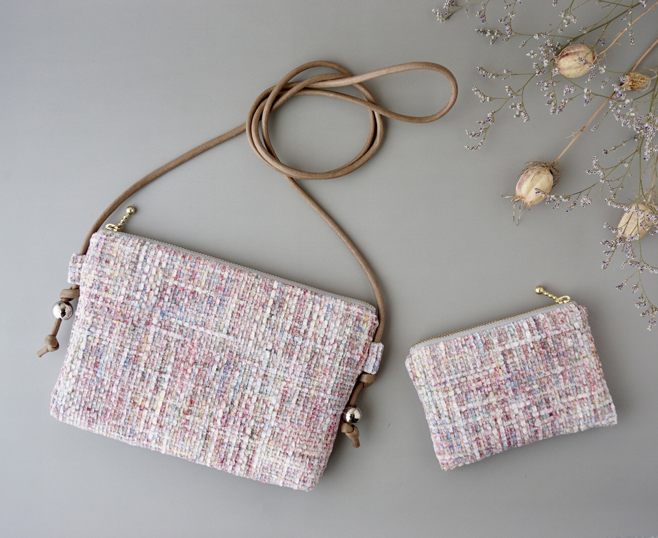 ツイードのポシェット＆ミニポーチのセット◇サコッシュ/スマホショルダー◇EU輸入生地《受注制作》