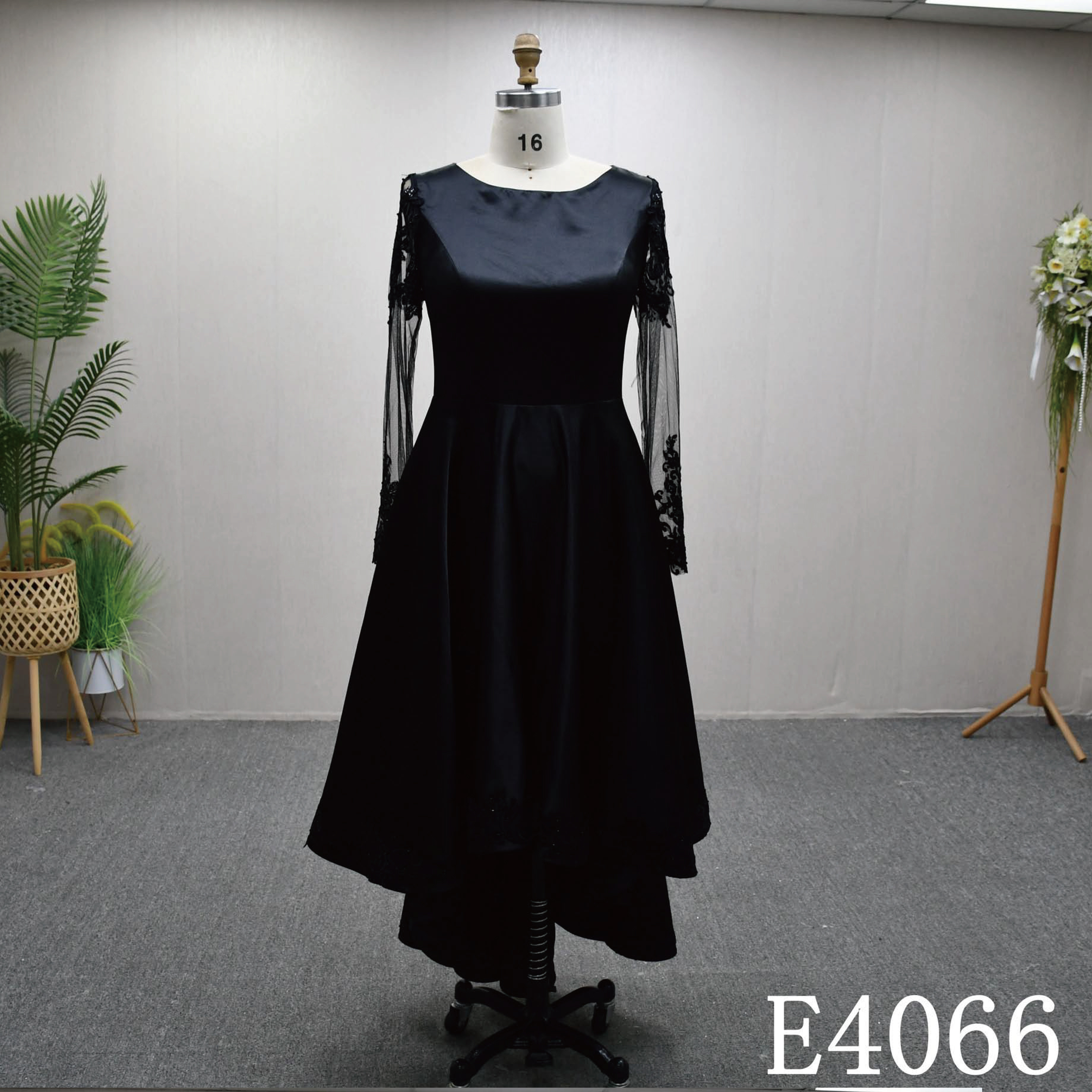 送料無料イリュージョンネック　シースルー長袖サテン　ワンピース　前撮り演奏会　シンプルなドレス　コンテスト謝恩会お色直し