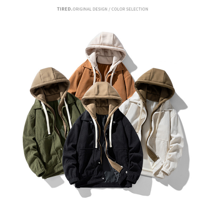 NASA連名コーデュロイ偽の2つの綿の服のジャケット男の人春秋冬のゆったりとしたフード付きのコートカップルはウールを加え