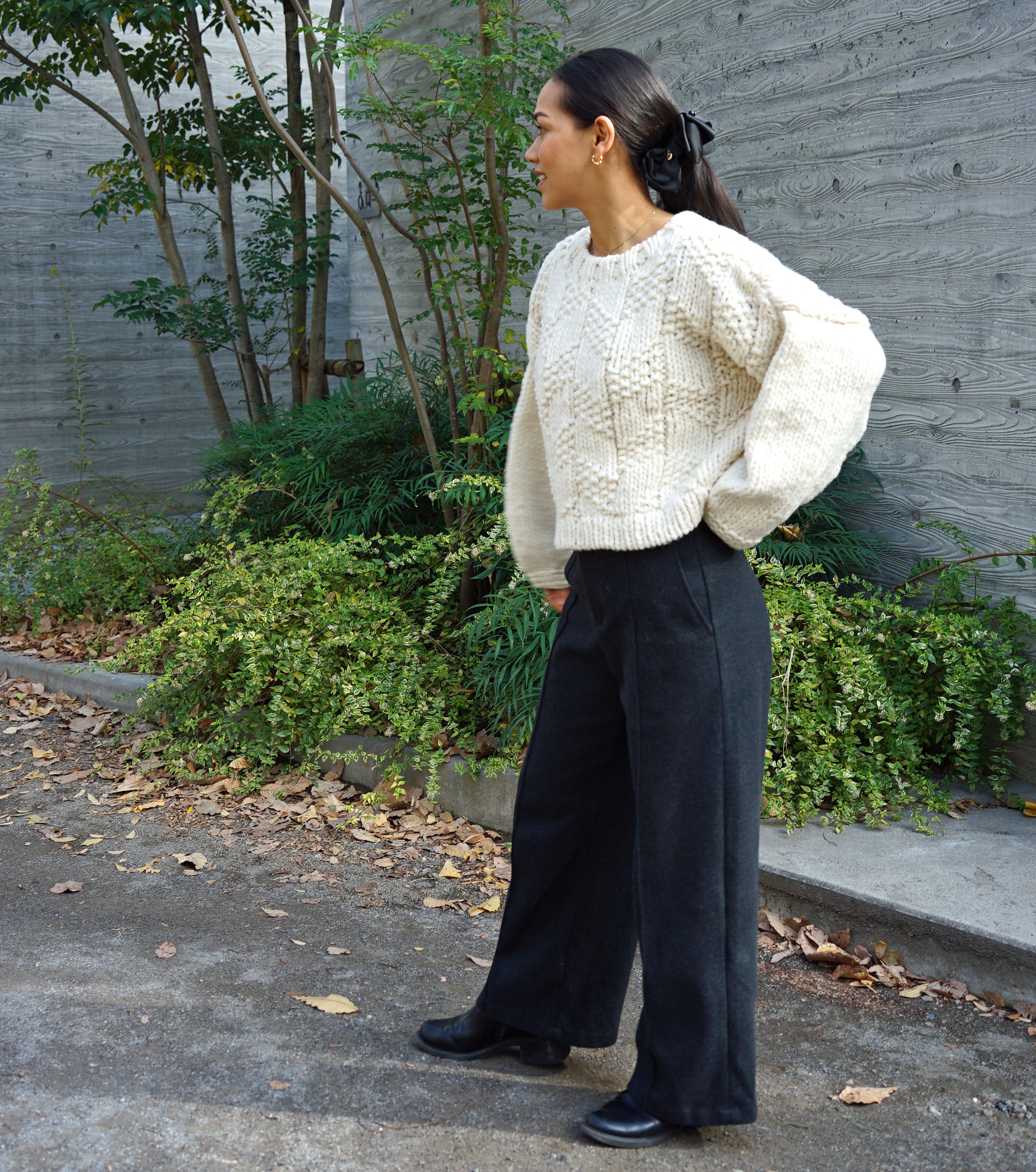 【即納可】ローゲージウール・ひし形柄PO（N-450097-ホワイト）ペルーニット