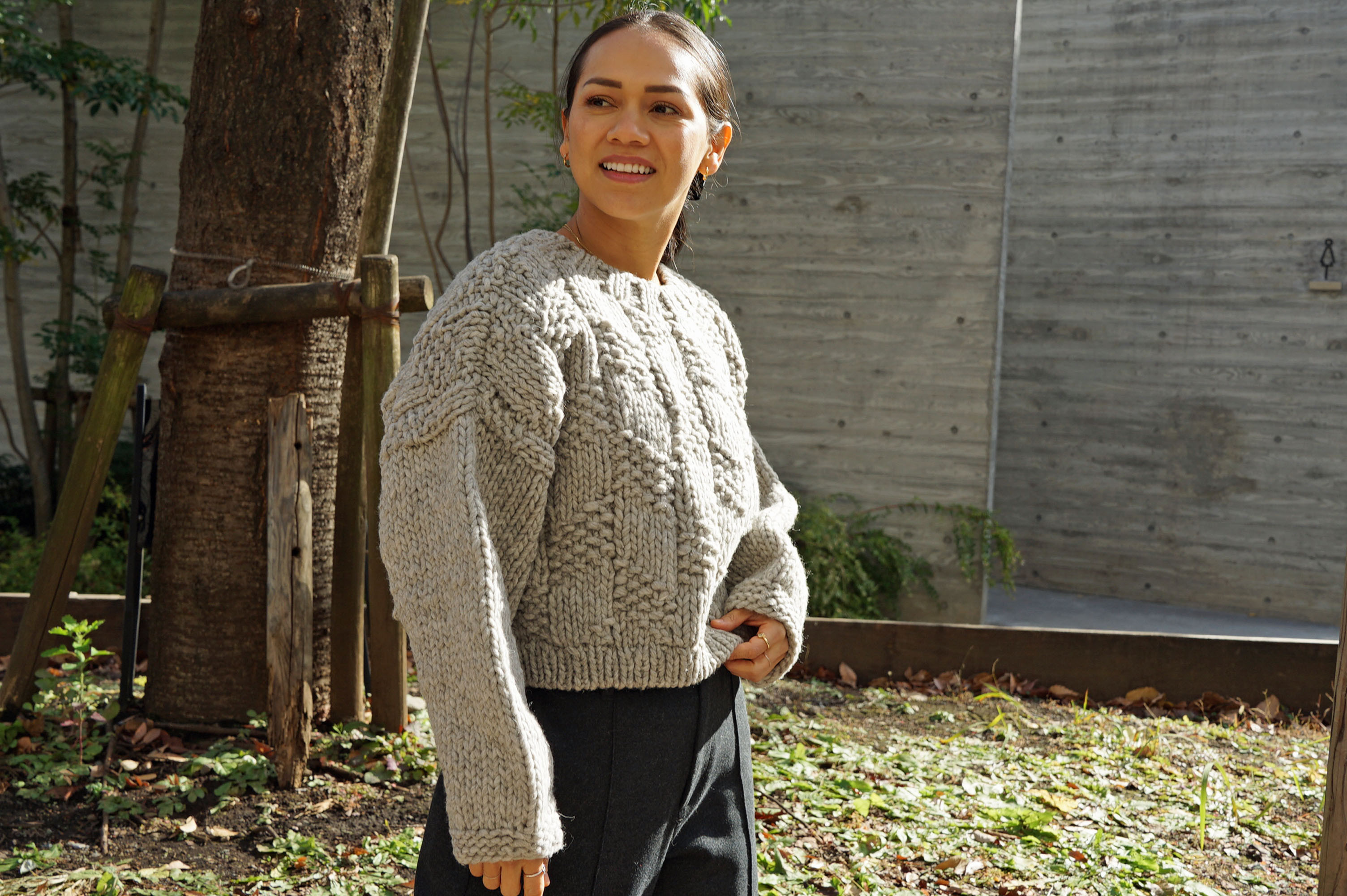 【即納可】ローゲージウール・ひし形柄PO（N-450097-グレー）ペルーニット