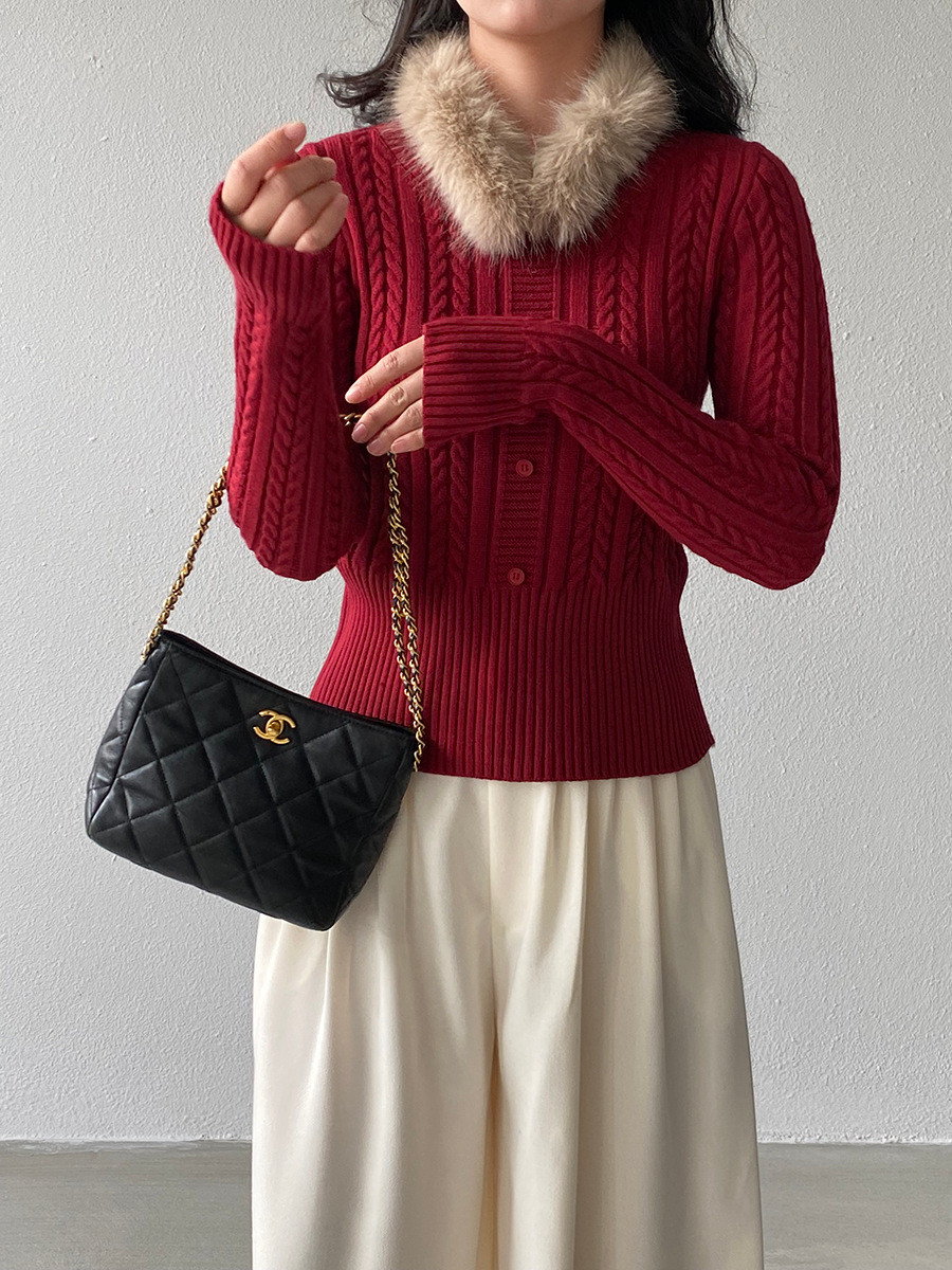 秋レディース取り外し可能 フリースカラー ケーブルニットセーター【返品・交換可】品質最優先25-615