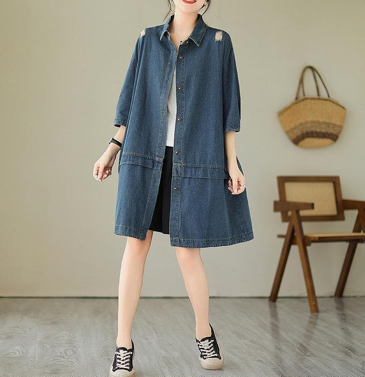 大きいサイズ レディース デニムシャツ　ロング　ダメージ　春夏 秋 新品