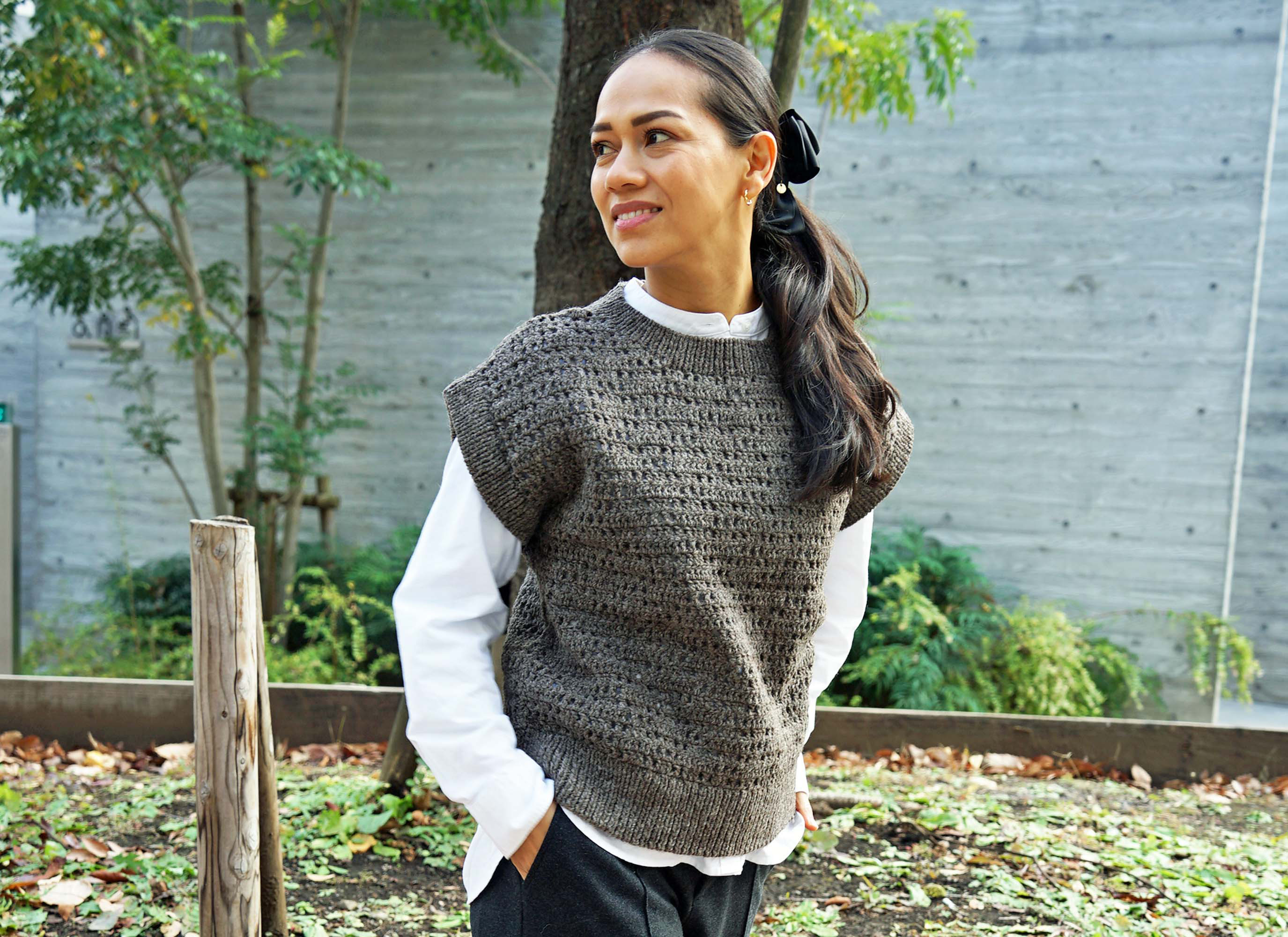 【即納可】ウール・クロシェ編みベスト（NP-4508-グレー）ペルーニット