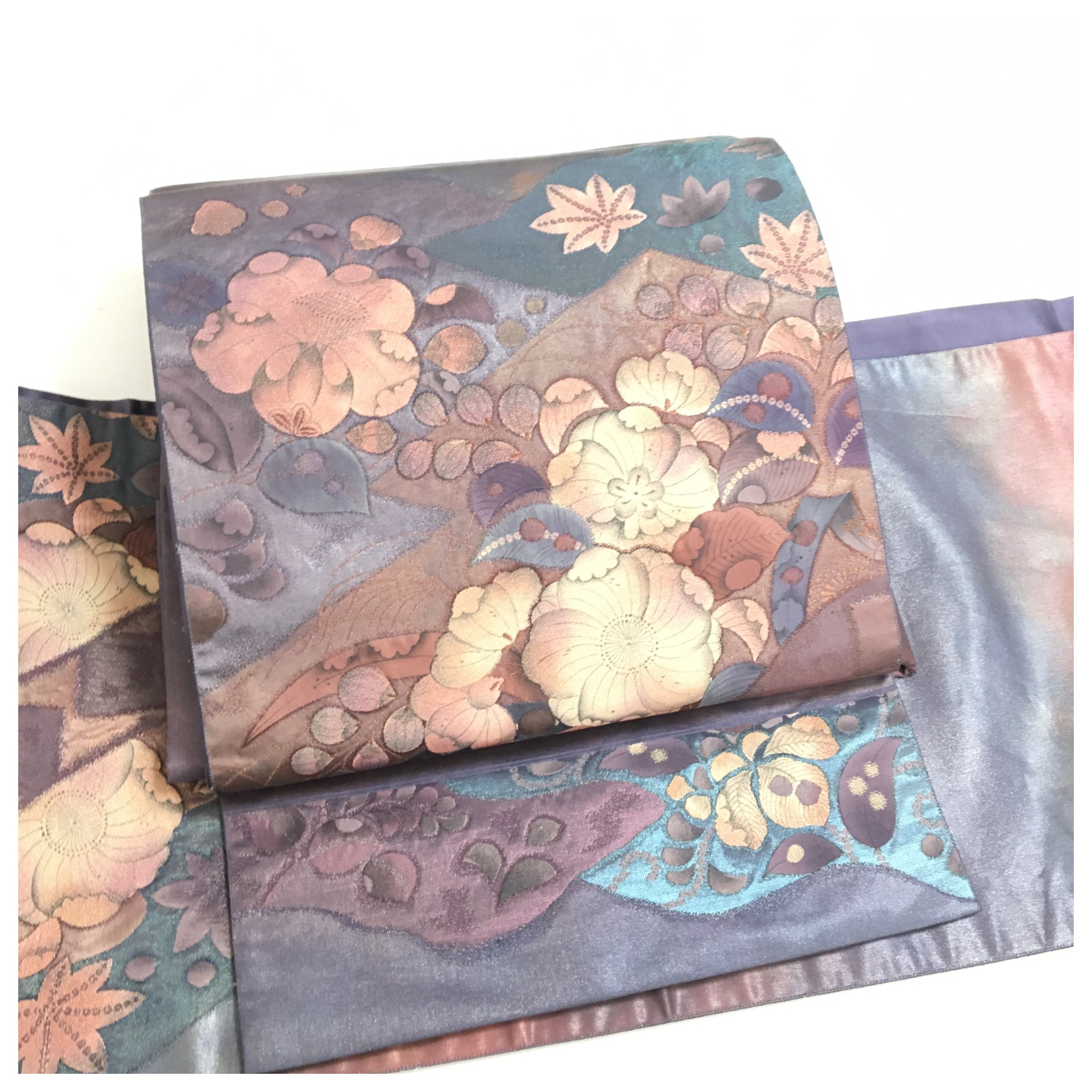 正絹　楽帯　袋帯　紫　華模様　二部式　二重太鼓　作り帯