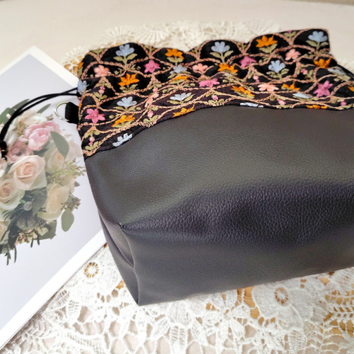 インド刺繍生地ショルダー巾着バッグ 巾着バッグ mano 通販 20214909