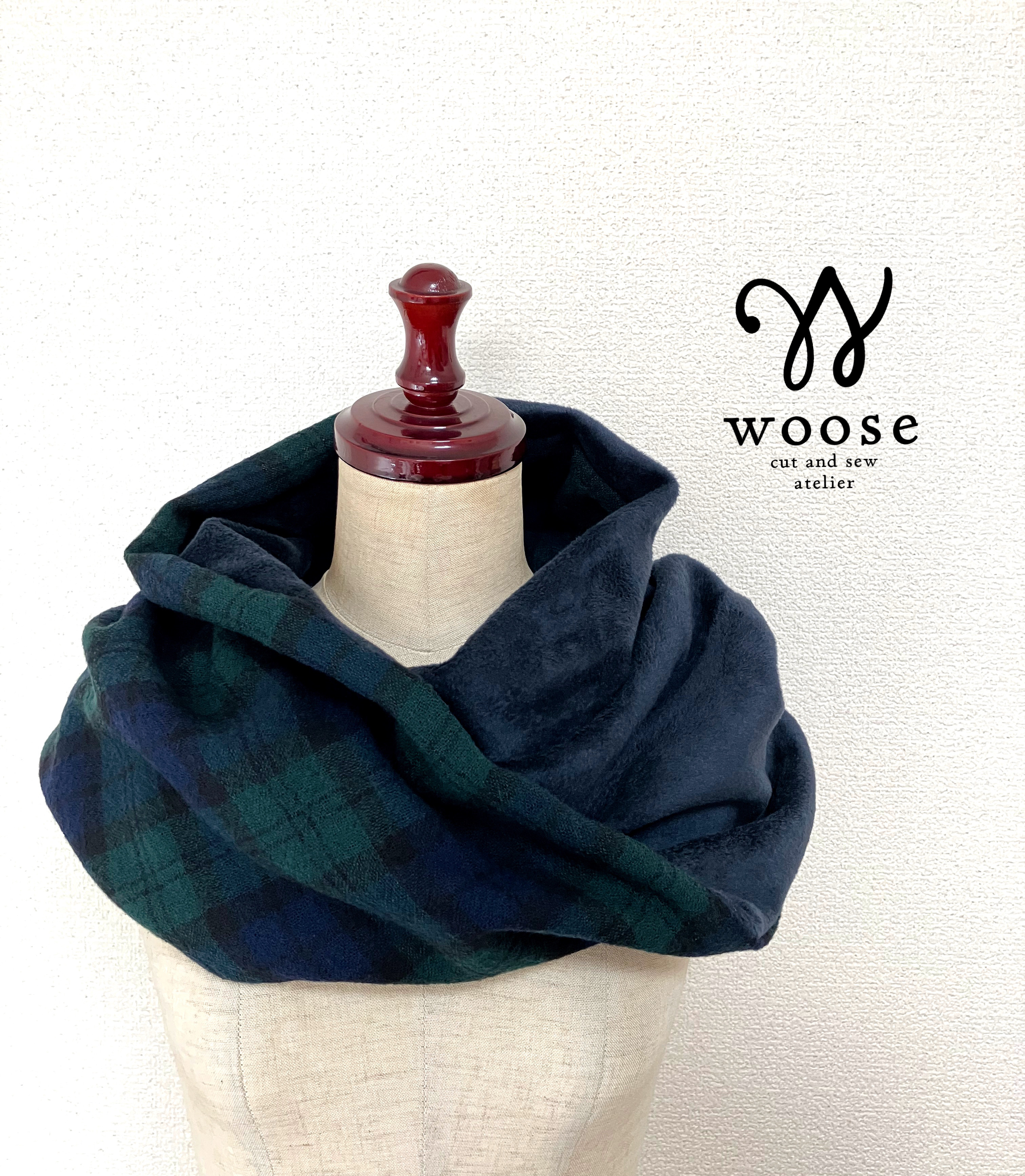 【3日以内発送】ぬくもりの贈りもの♪【ねじりスヌード】ウールガーゼ×ボア★チェック柄×ネイビー