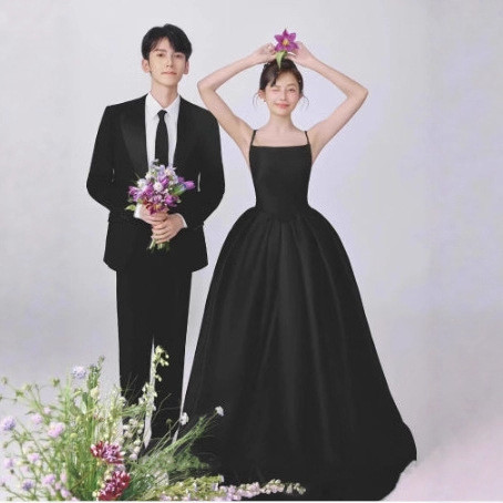 パーティードレス 黒 ノースリーブ シンプル おしゃれ 綺麗 韓国風 花嫁 パーティー 前撮り お呼ばれ AK392