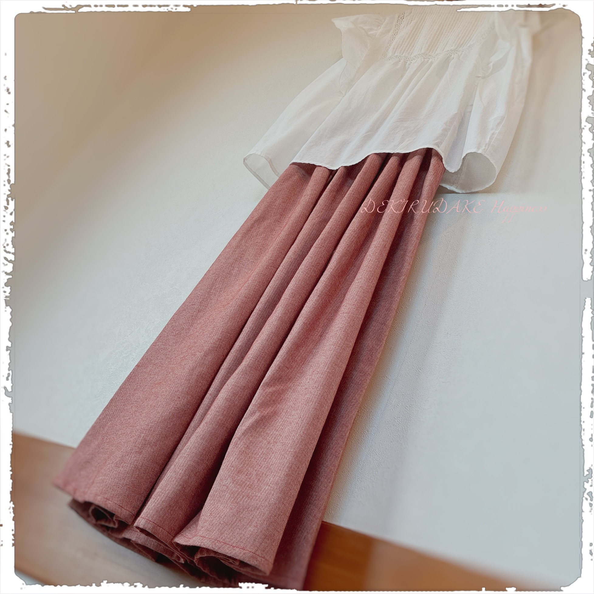 播州織り 先染めヘリンボーン柄ロング丈ふんわりタックギャザースカート 便利な両脇ポケット付き