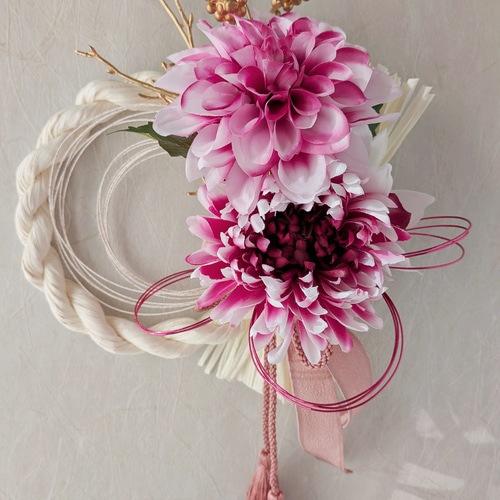 しめ縄リース　ピンク系　ダリア No.wreath-15527☆迎春しめ縄リース(お正月リース) 23-(2) ピンク