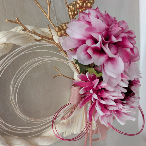しめ縄リース　ピンクダリア　ロング しめ縄リースピンクダリアロング