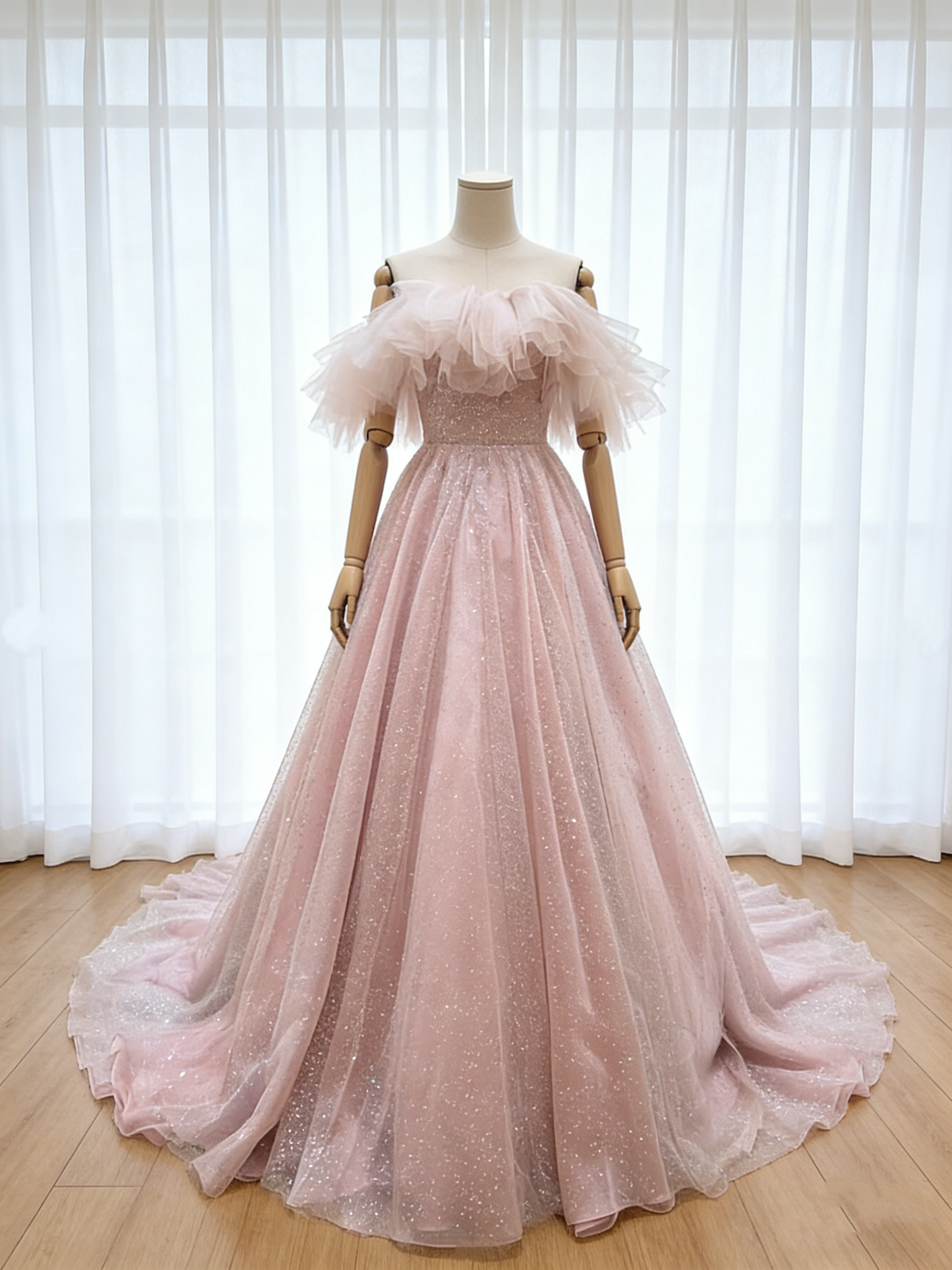 送料無料！カラードレス ピンク オフショルダー  キラキラグリッターチュール プリンセスライン 前撮り 結婚式