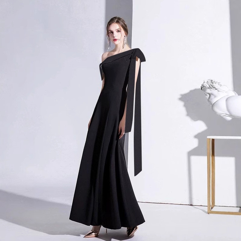 パーティードレス ノースリーブ 黒 リボン 高級感 シンプル 韓国風 パーティー 前撮り お呼ばれ AK402