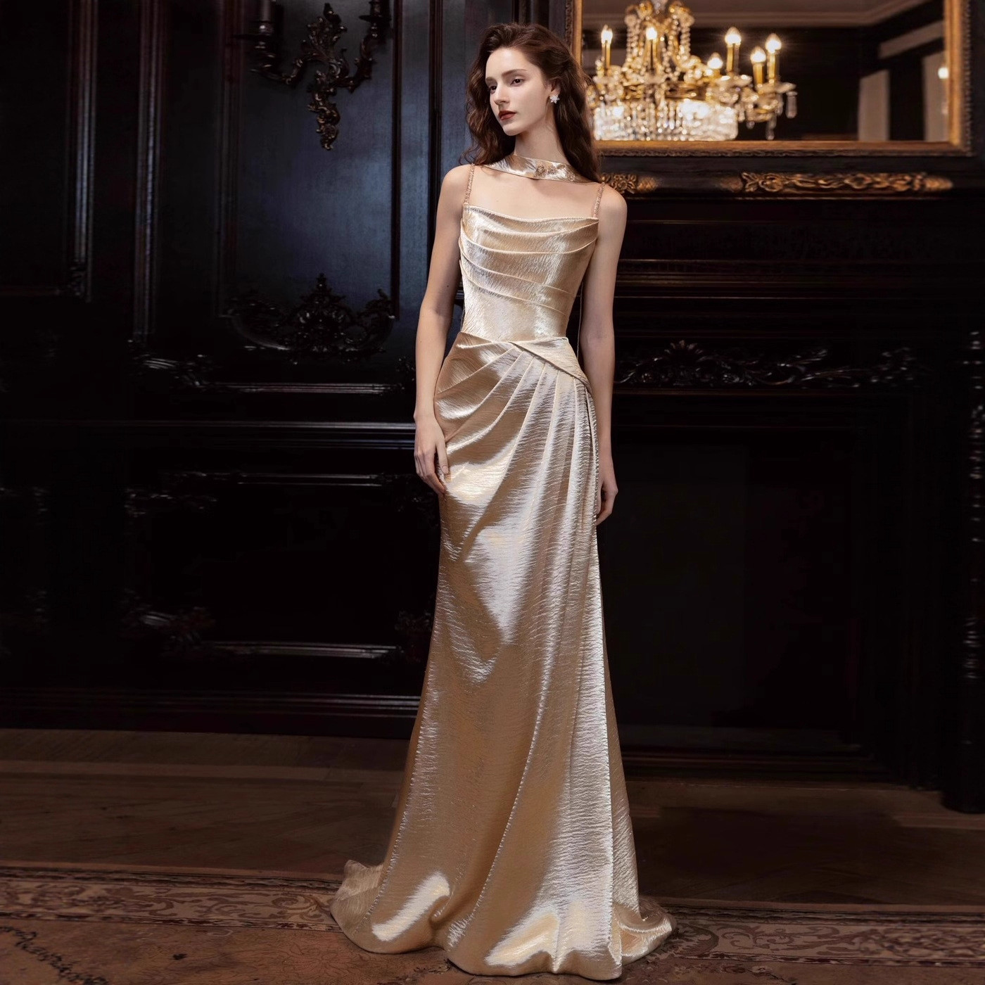 マーメイドドレス パーティードレス シャンパン色 ノースリーブ 韓国風 パーティー 演奏会 前撮り お呼ばれ AK418