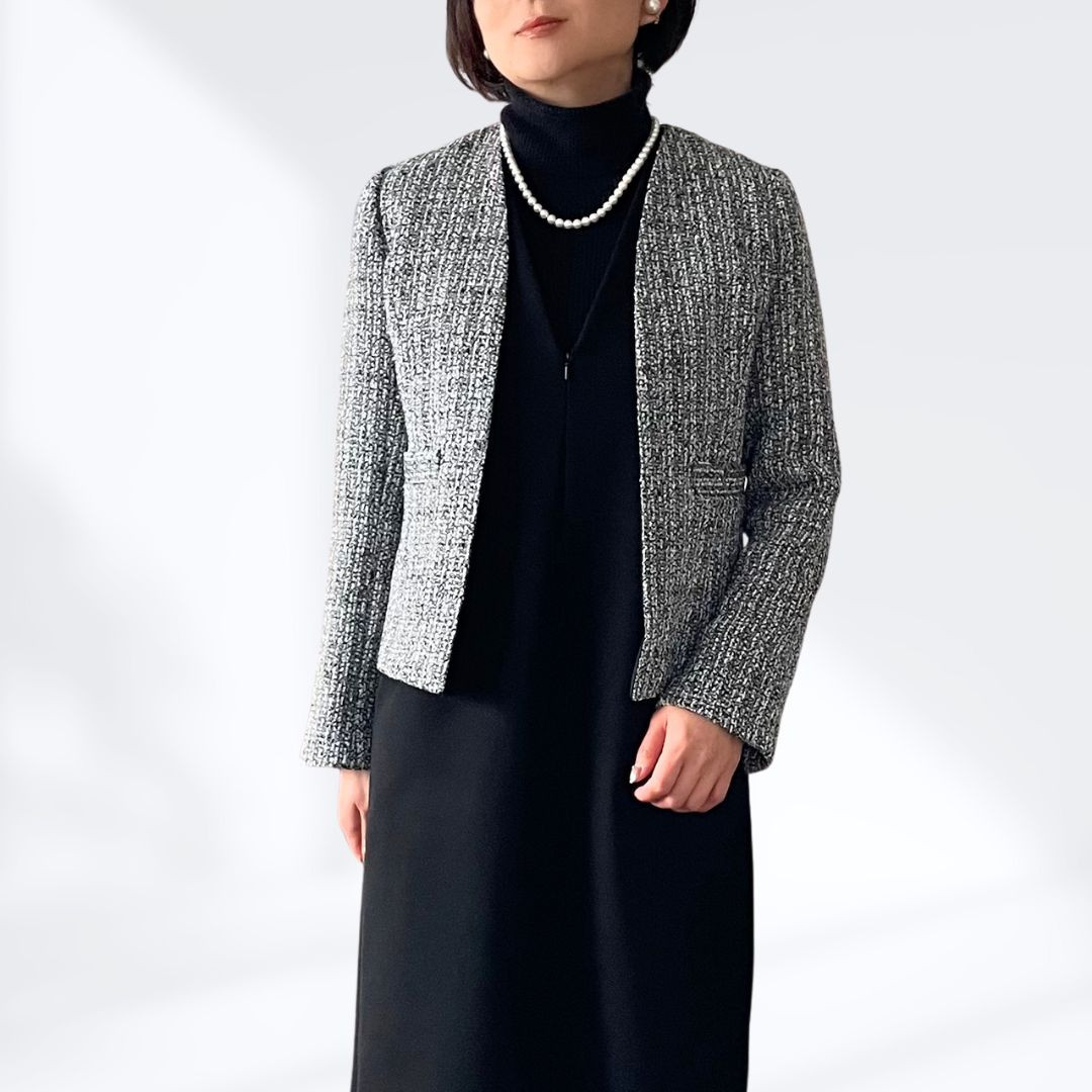 ツイード ノーカラージャケット 卒業式・入学式にも使える ショート丈ライトジャケット ブラック 21,000円