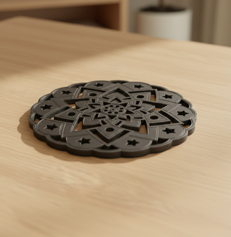 和モダン 木製コースター｜花と星の幾何学透かし模様　10枚セット