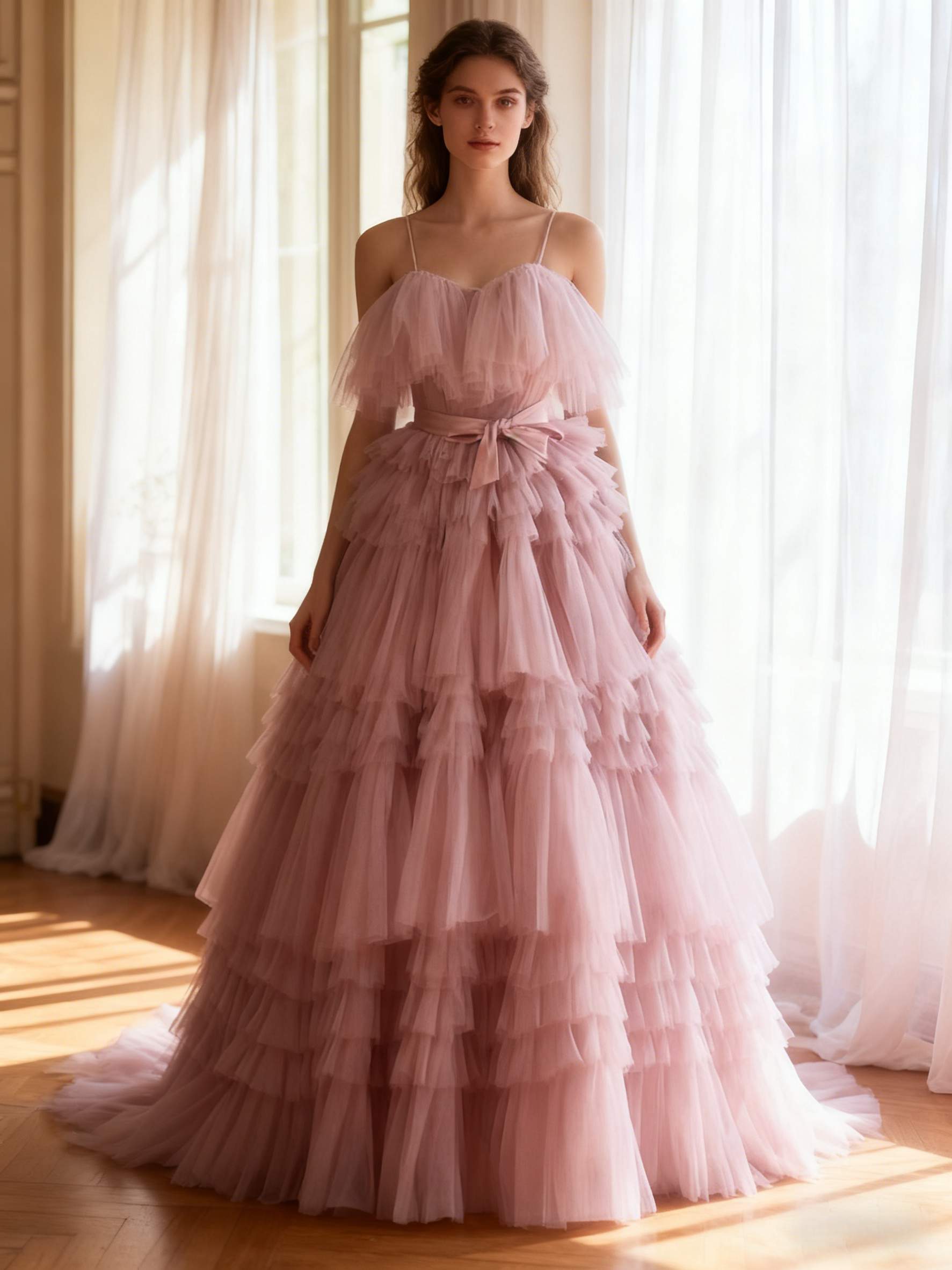 カラードレス ローズピンク キャミソール ベアトップ 柔らかく重ねたチュールスカート 可愛い