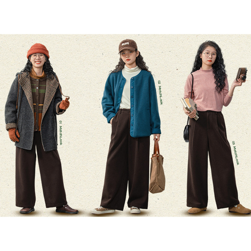 ほっこり冬のレトロスタイル ゆるっとゴム入りウエストのワイドパンツS594