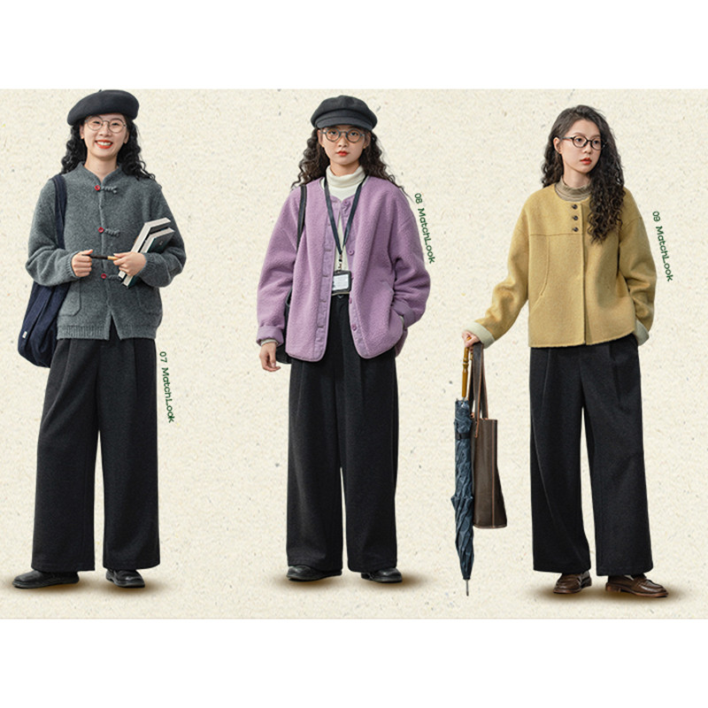 ほっこり冬のレトロスタイル ゆるっとゴム入りウエストのワイドパンツS594