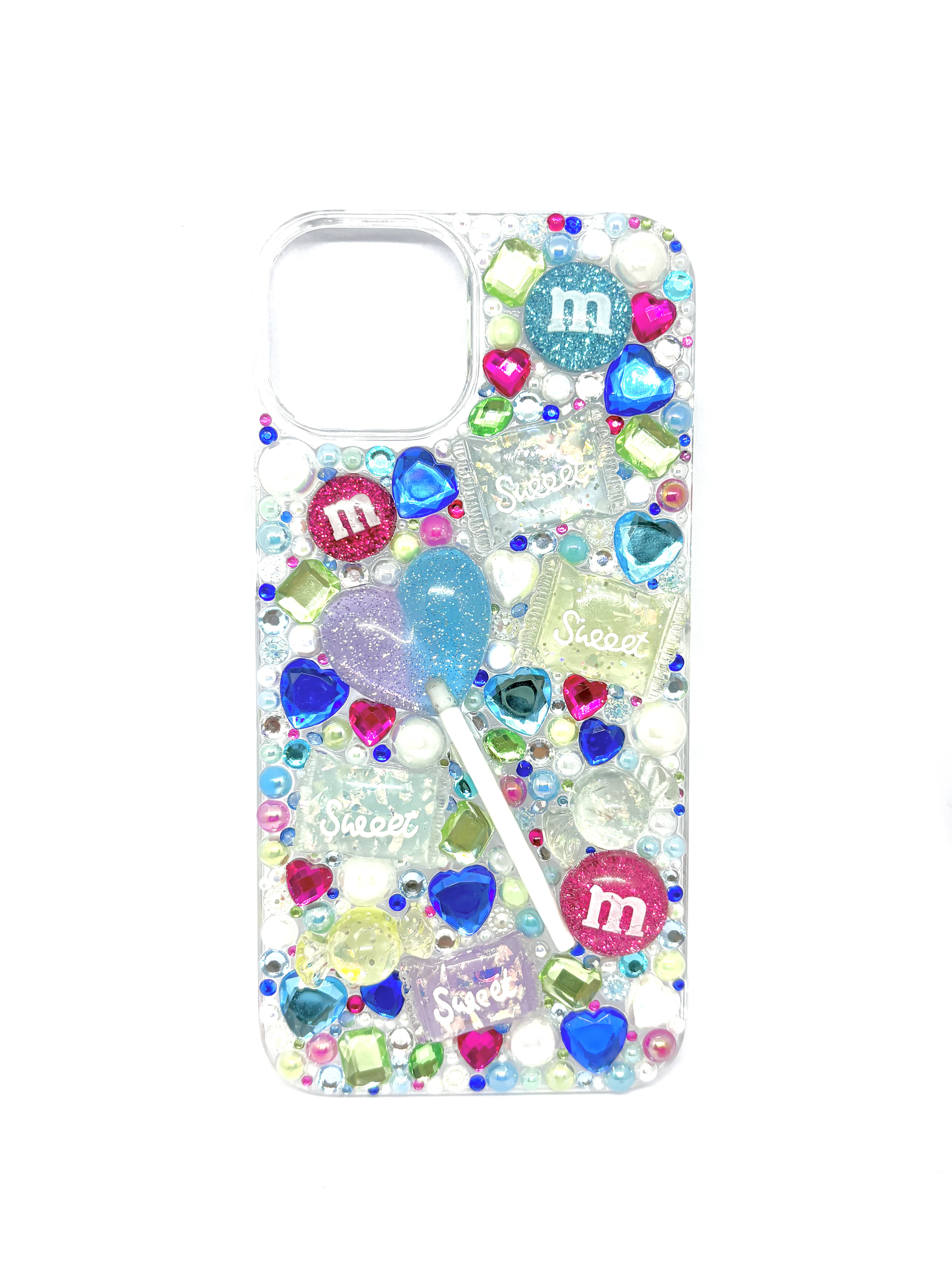 【iPhone 14/13用】キャンディ×ハート キラキラブルーデコスマホケース♡