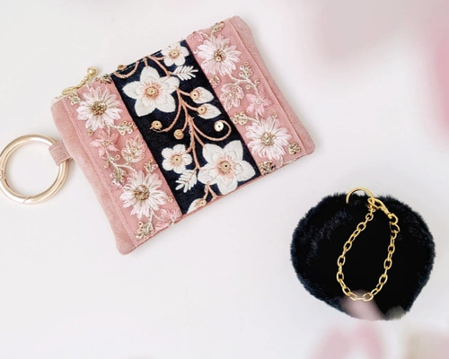 桜】インド刺繍リボン×本革スエード 大人のためのフラットminiポーチ