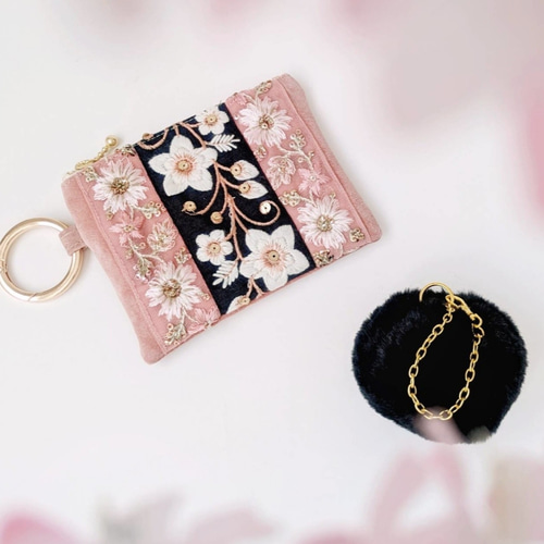 桜】インド刺繍リボン×本革スエード 大人のためのフラットminiポーチ