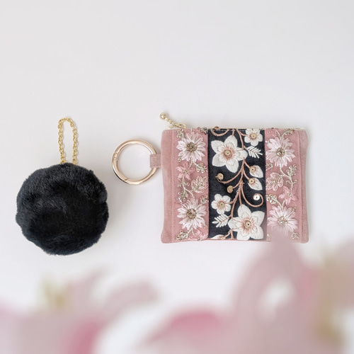 桜】インド刺繍リボン×本革スエード 大人のためのフラットminiポーチ