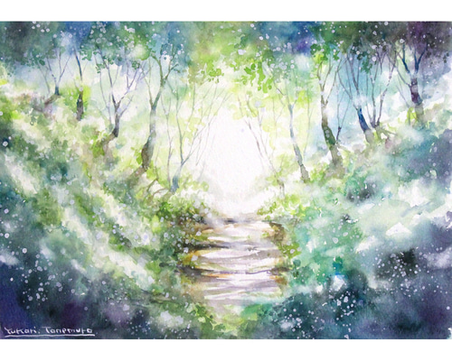原画】木漏れ日の光（水彩画）送料無料☆森 光 緑 風景 絵画 #2924