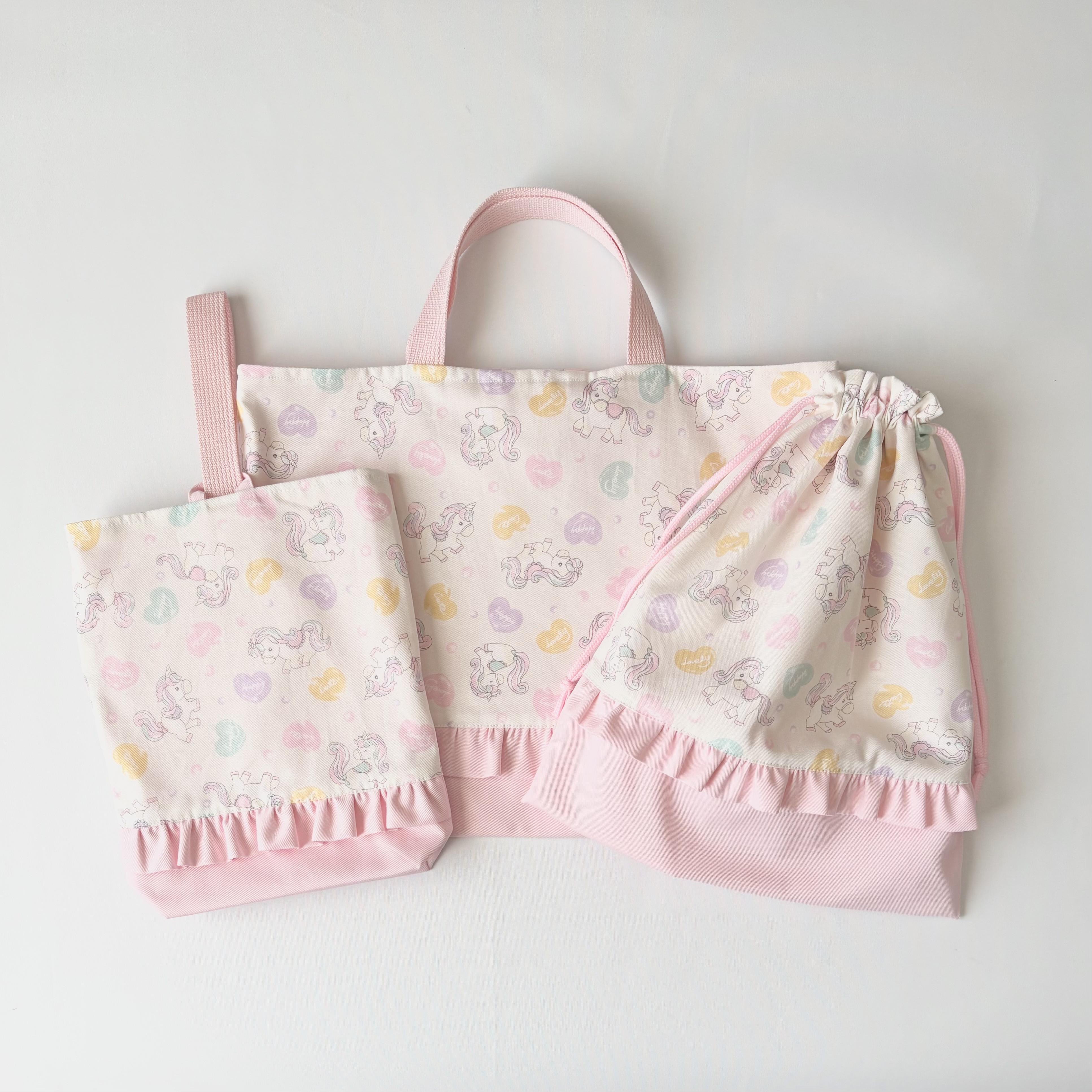 ユニコーンバニラ レッスンバッグ上履き袋 巾着袋 入園・入学グッズ 【送料無料】3点セット ユニコーン ゆめかわ ピンク