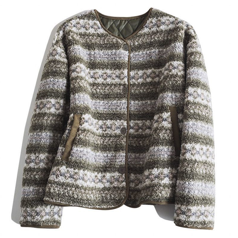 ほっこりレトロなフェアアイル模様 ふかふかシャーリング  裏地のキルティングジャケットL747