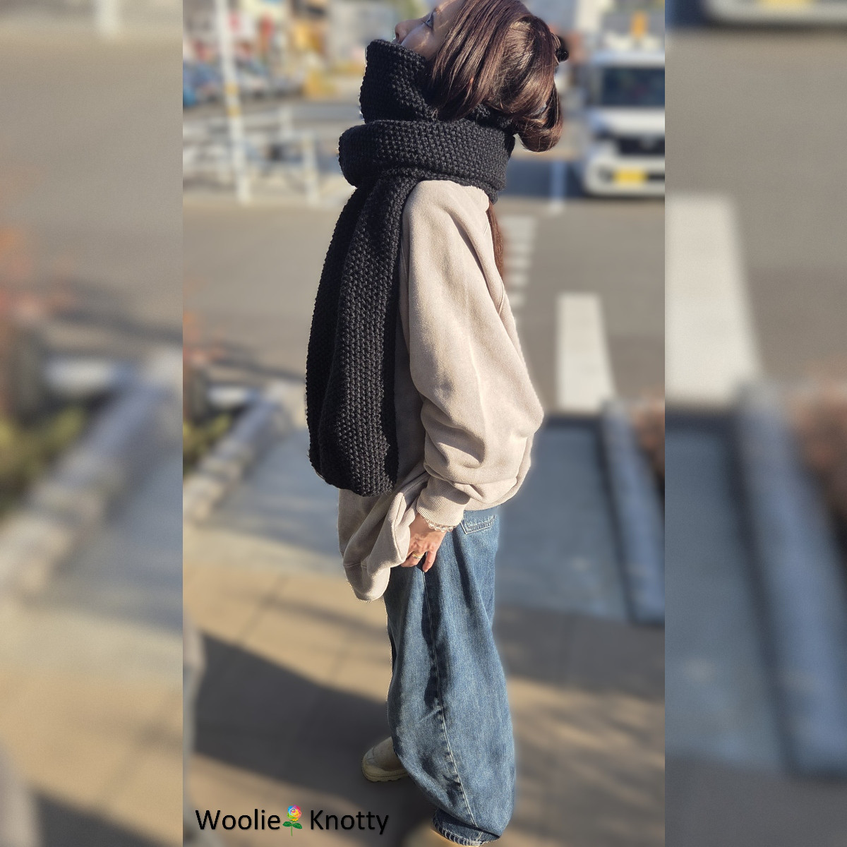 天然ウール100％ 鹿の子編み｜ぐるぐる巻ける ボリュームマフラー・ショール〈ブラックミドル／約183cm〉